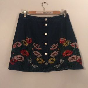 Floral Embroidered Jean Skirt